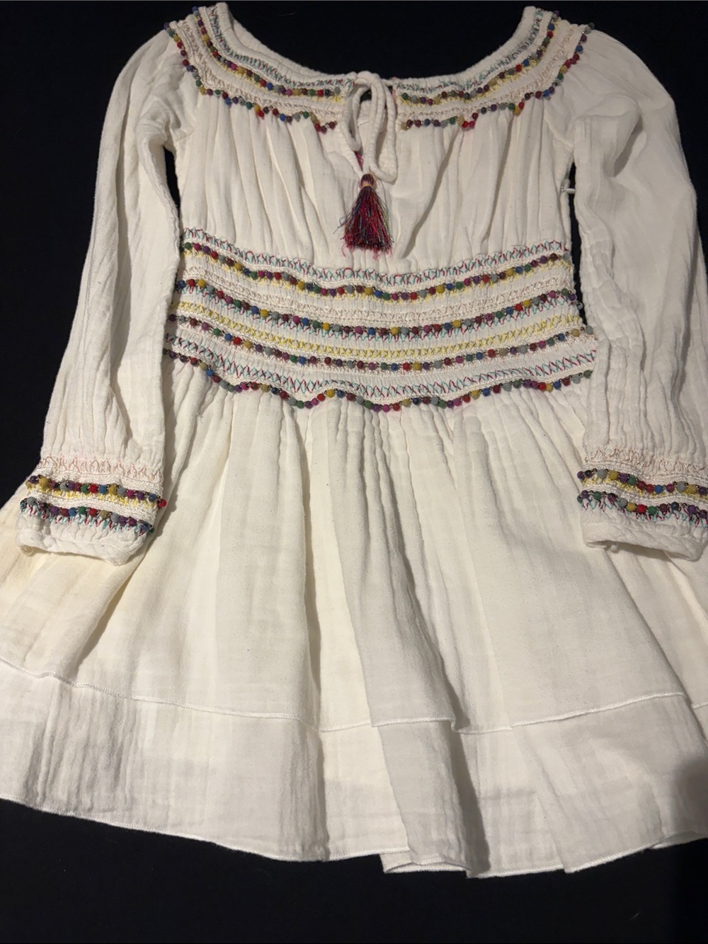 Marjorelle Ivory Smocked Boho Dress with Multicolor Trim